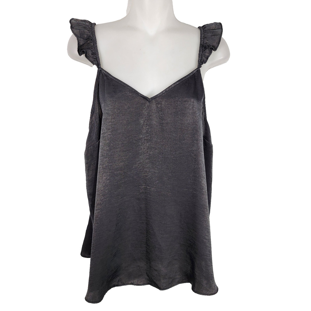 LC Lauren Conrad Womens Scallop Ruffle Tank Top Romantic Black Large Flowy Cami